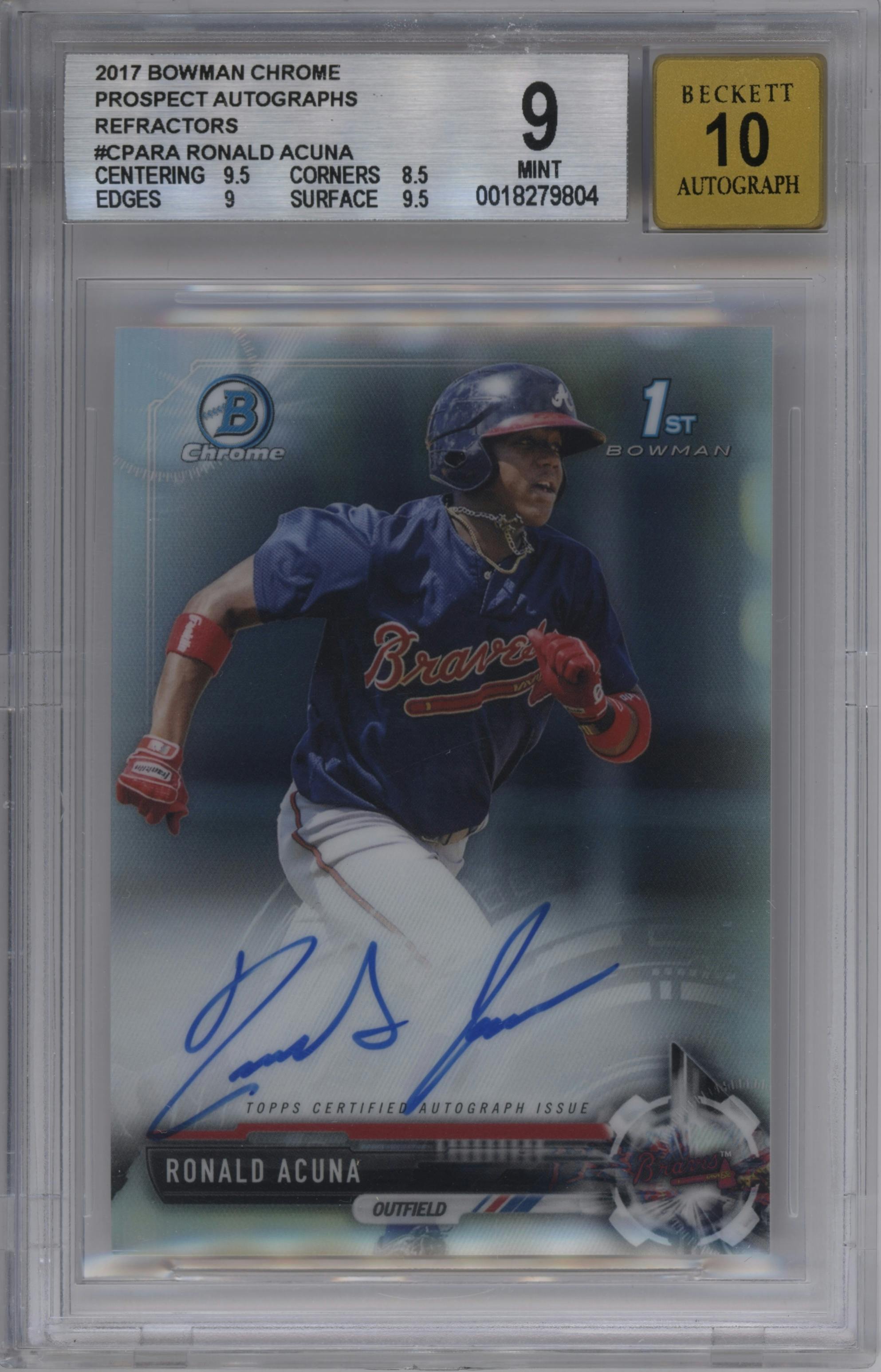 Ronald Acuna from the 2017 Bowman set featuring a Refractor parallel graded by Beckett and given an overall grade of 9.