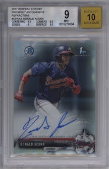 Ronald Acuna from the 2017 Bowman set featuring a Refractor parallel graded by Beckett and given an overall grade of 9.