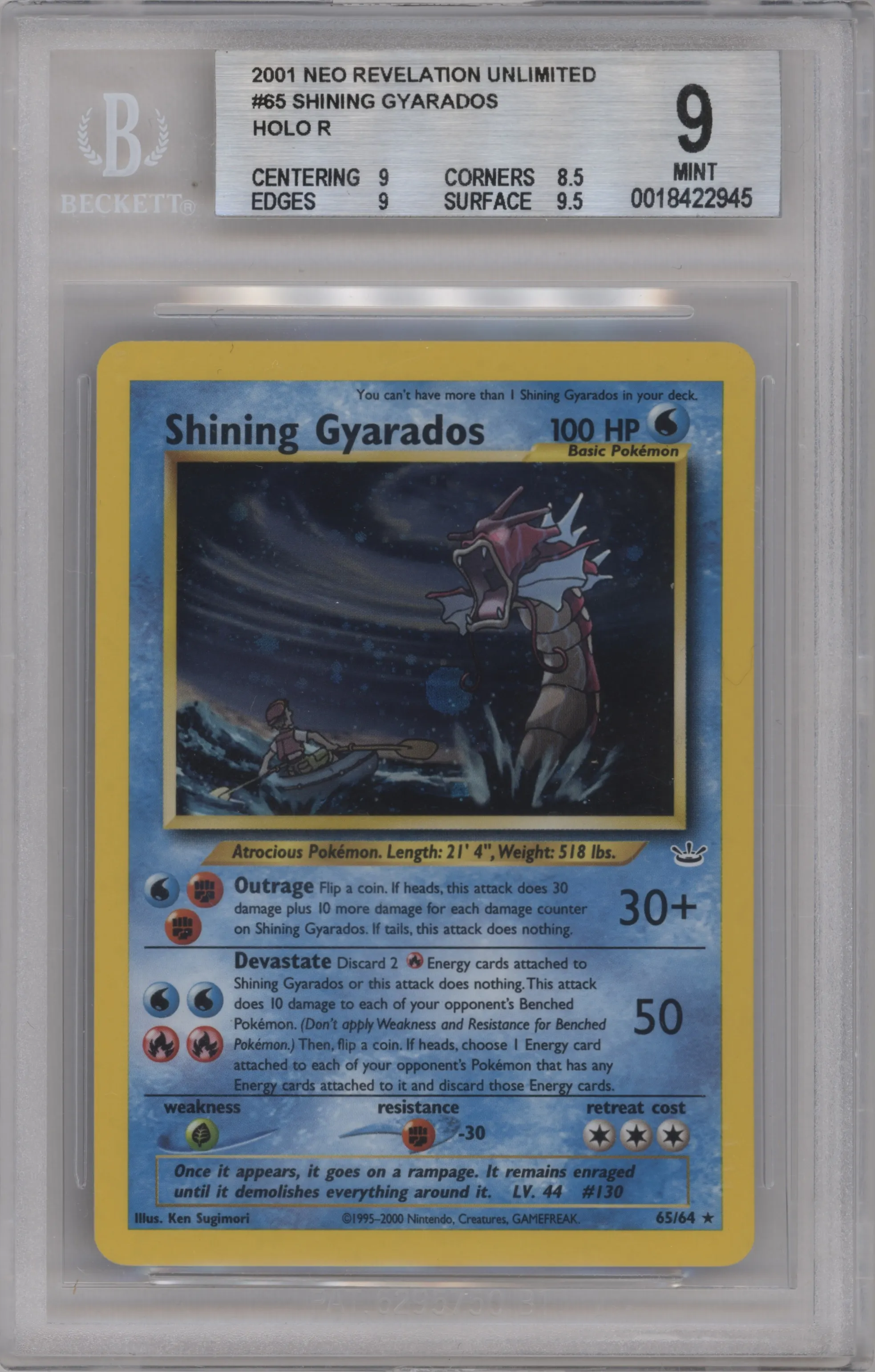 Shining Gyarados from the 2001 Pokemon Neo Genesis set graded by Beckett and given an overall grade of 9.