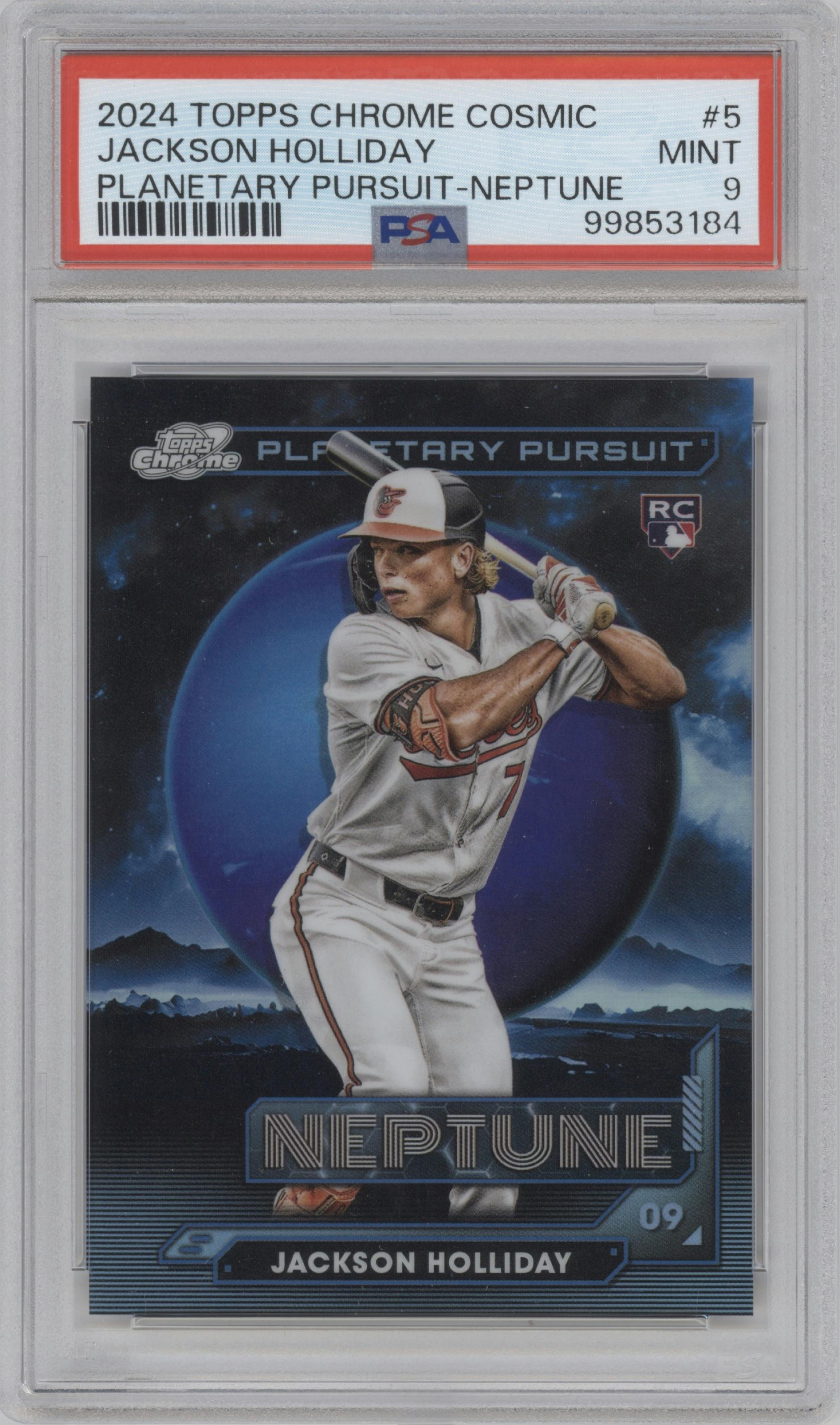 Jackson Holliday from the 2024 Topps Cosmic Chrome set graded by PSA and given an overall grade of 9.
