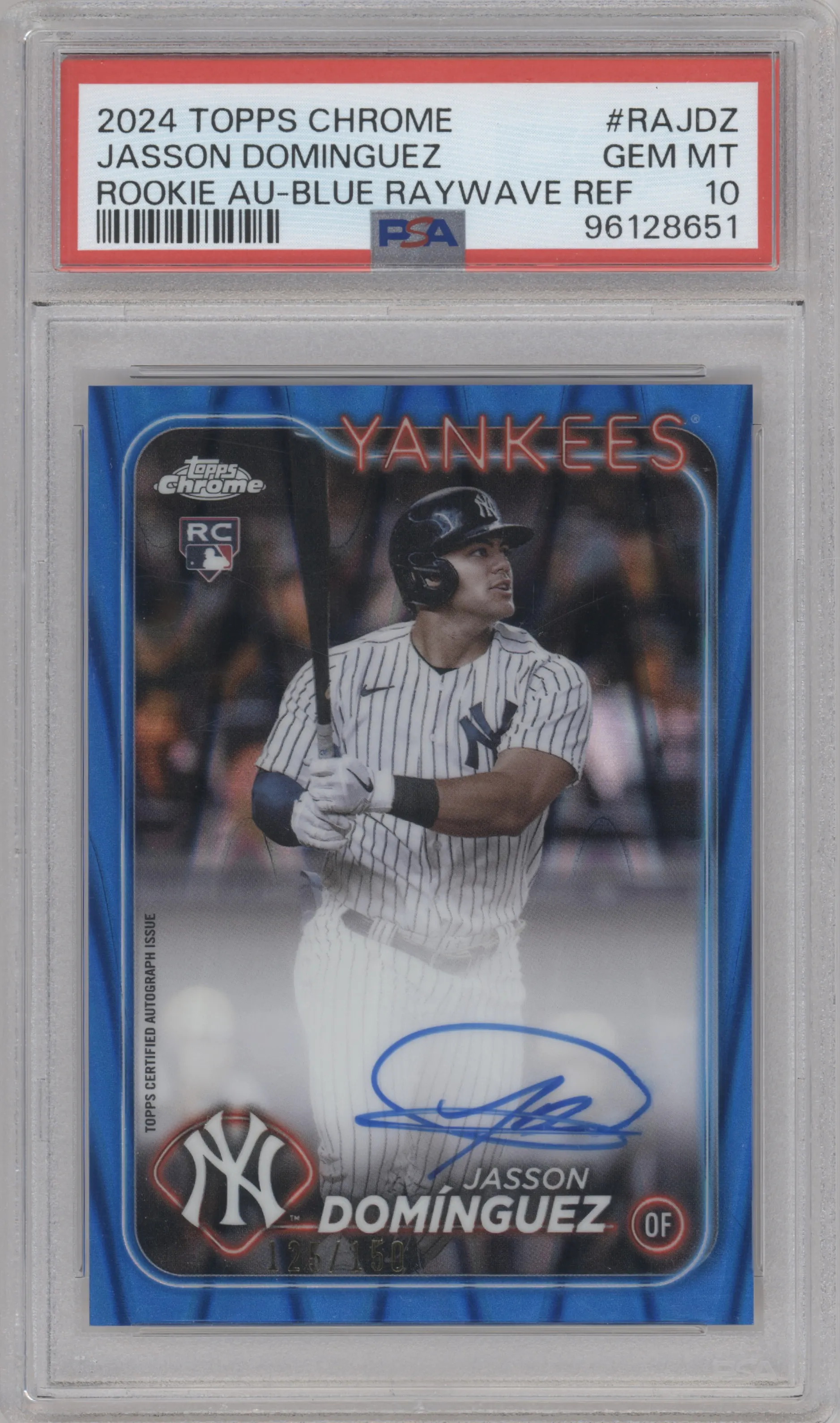 2024 Topps Chrome Rke.Auto Jasson Dominguez Blue Ray Wave Refractor PSA 10