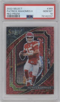Patrick Mahomes II from the 2022 Panini Select set featuring a Red Prizm parallel graded by PSA and given an overall grade of 10.