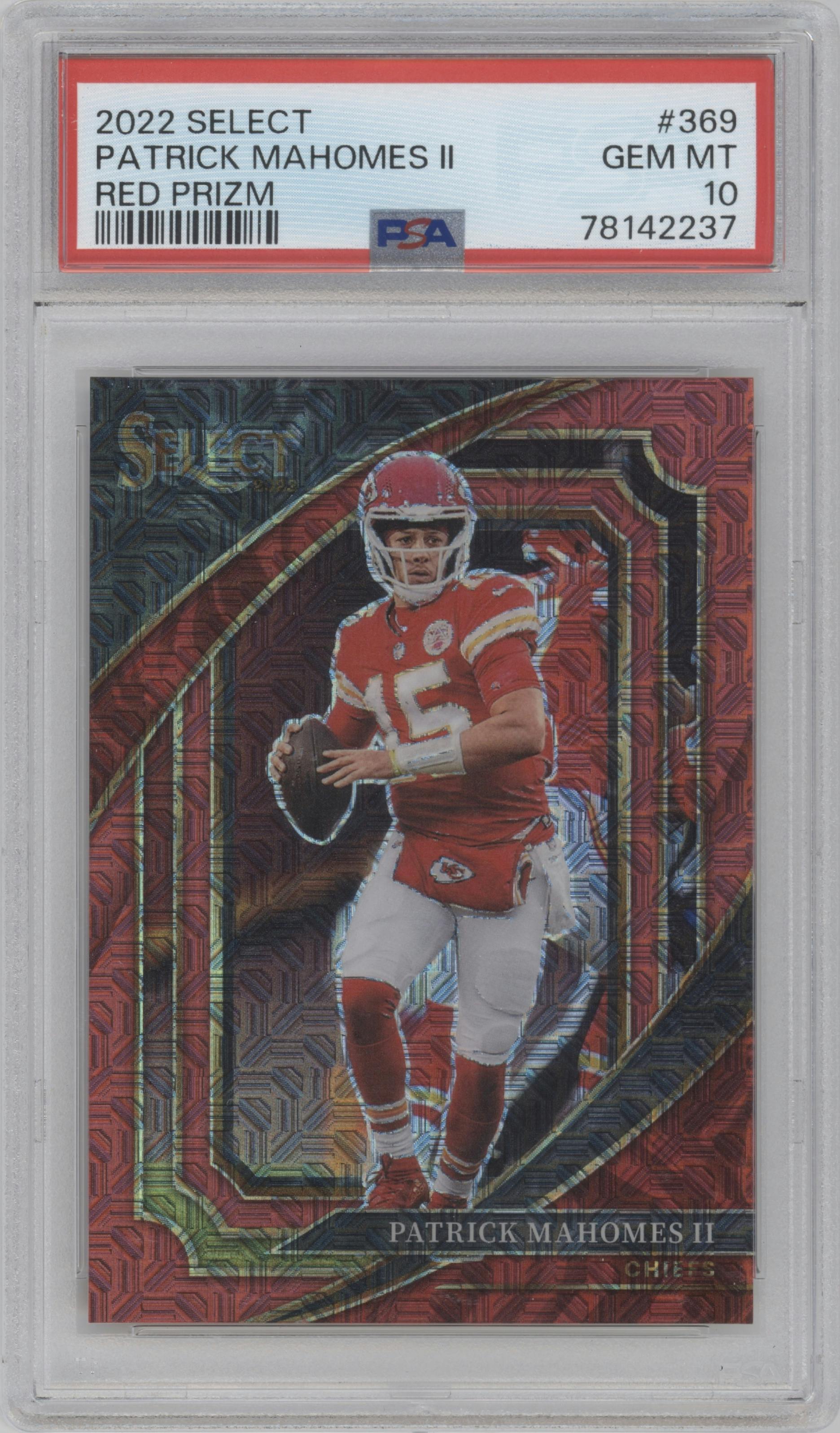 Patrick Mahomes II from the 2022 Panini Select set featuring a Red Prizm parallel graded by PSA and given an overall grade of 10.