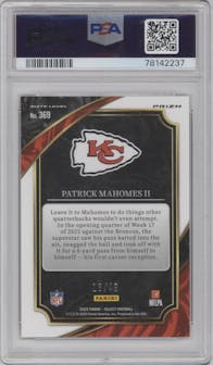 Patrick Mahomes II from the 2022 Panini Select set featuring a Red Prizm parallel graded by PSA and given an overall grade of 10.