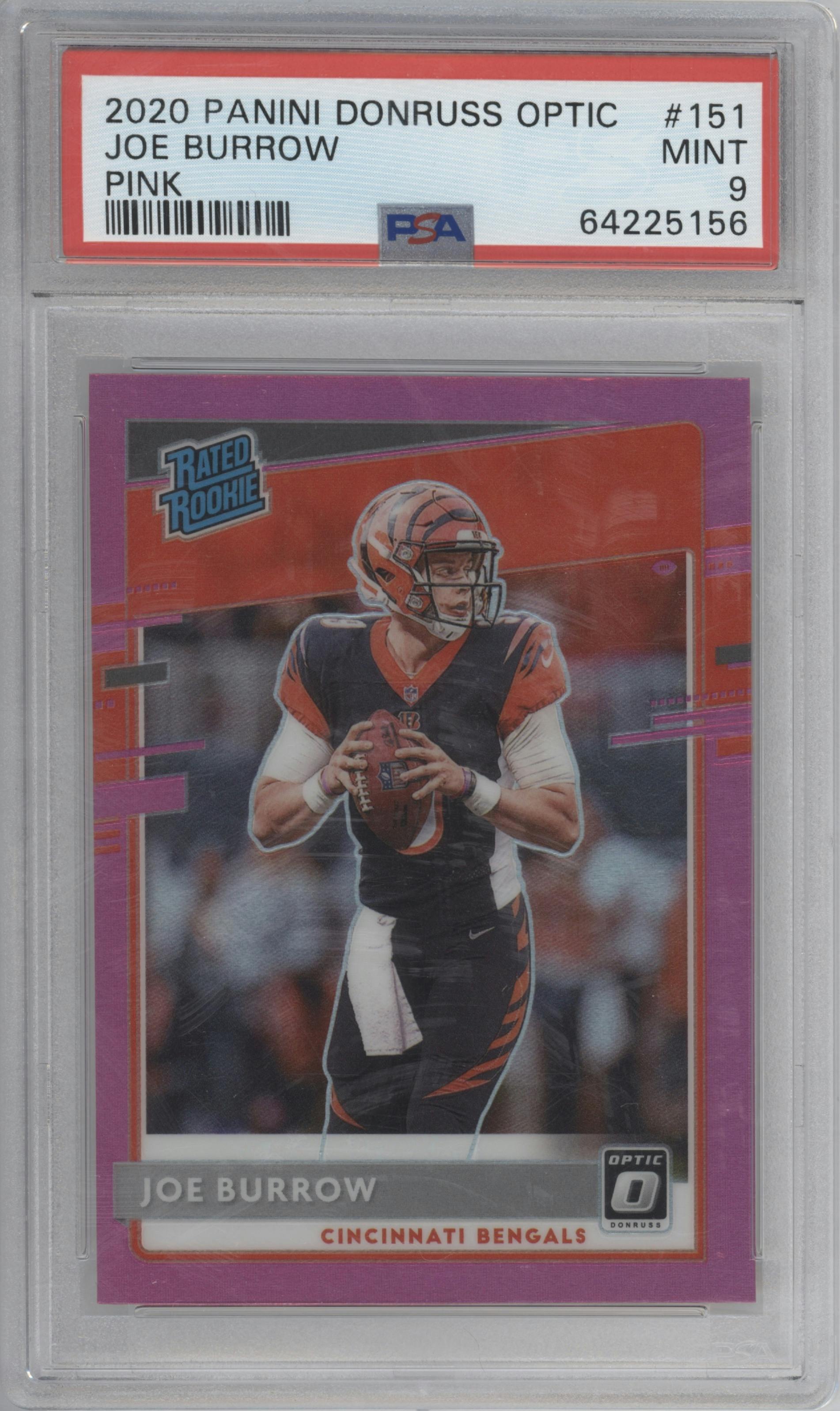 Joe Burrow from the 2020 Panini Donruss Optic set featuring a Pink parallel graded by PSA and given an overall grade of 9.