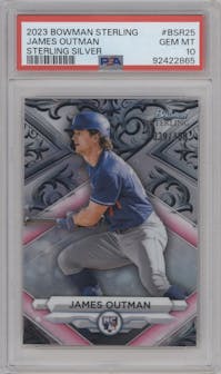 James Outman from the 2023 Bowman Sterling set featuring a Sterling Silver Refractor parallel graded by PSA and given an overall grade of 10.