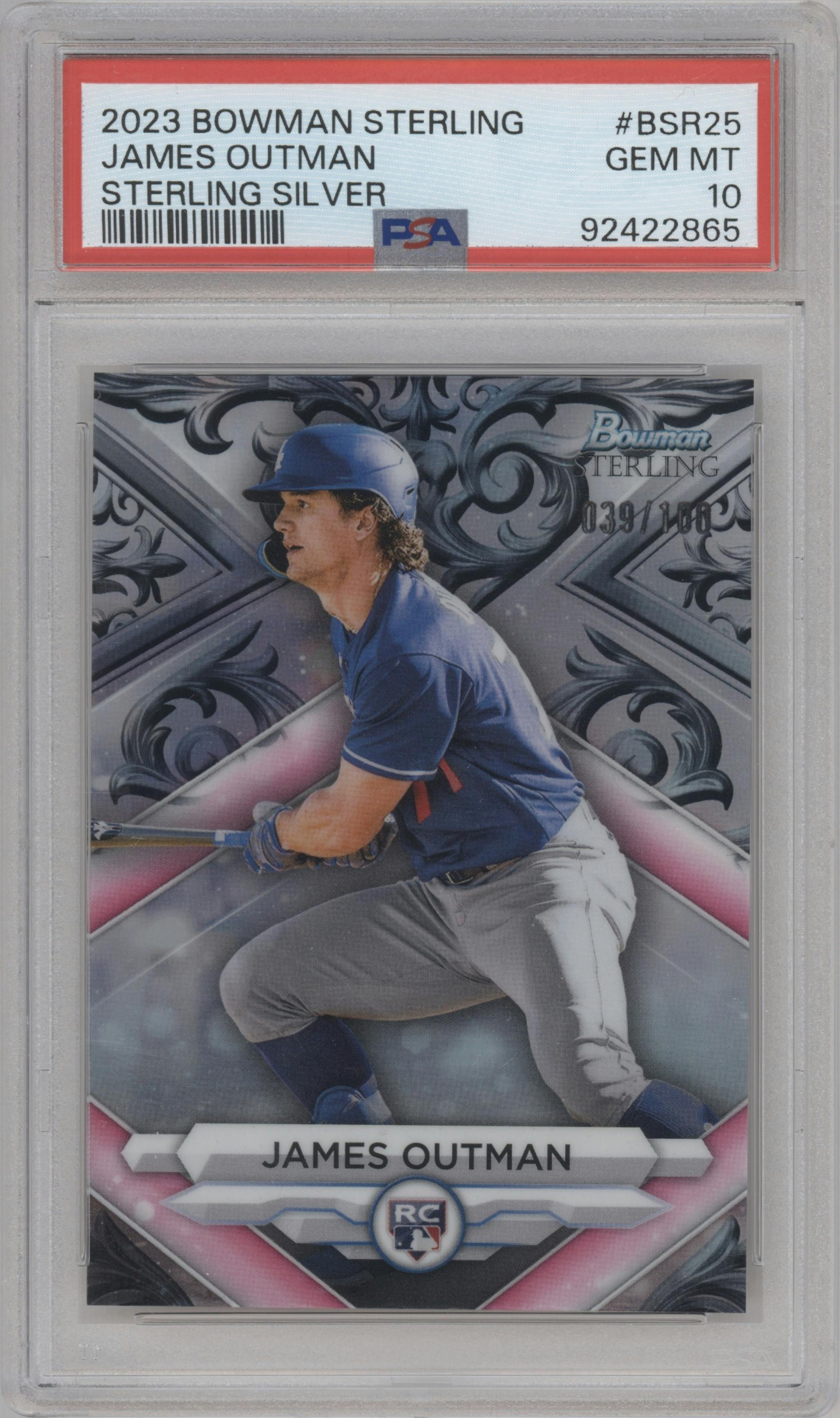 James Outman from the 2023 Bowman Sterling set featuring a Sterling Silver Refractor parallel graded by PSA and given an overall grade of 10.