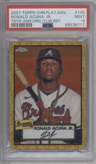 Ronald Acuna Jr. from the 2021 Topps Chrome Platinum Anniversary set featuring a Orange/Yellow 70th Refractor parallel graded by PSA and given an overall grade of 9.