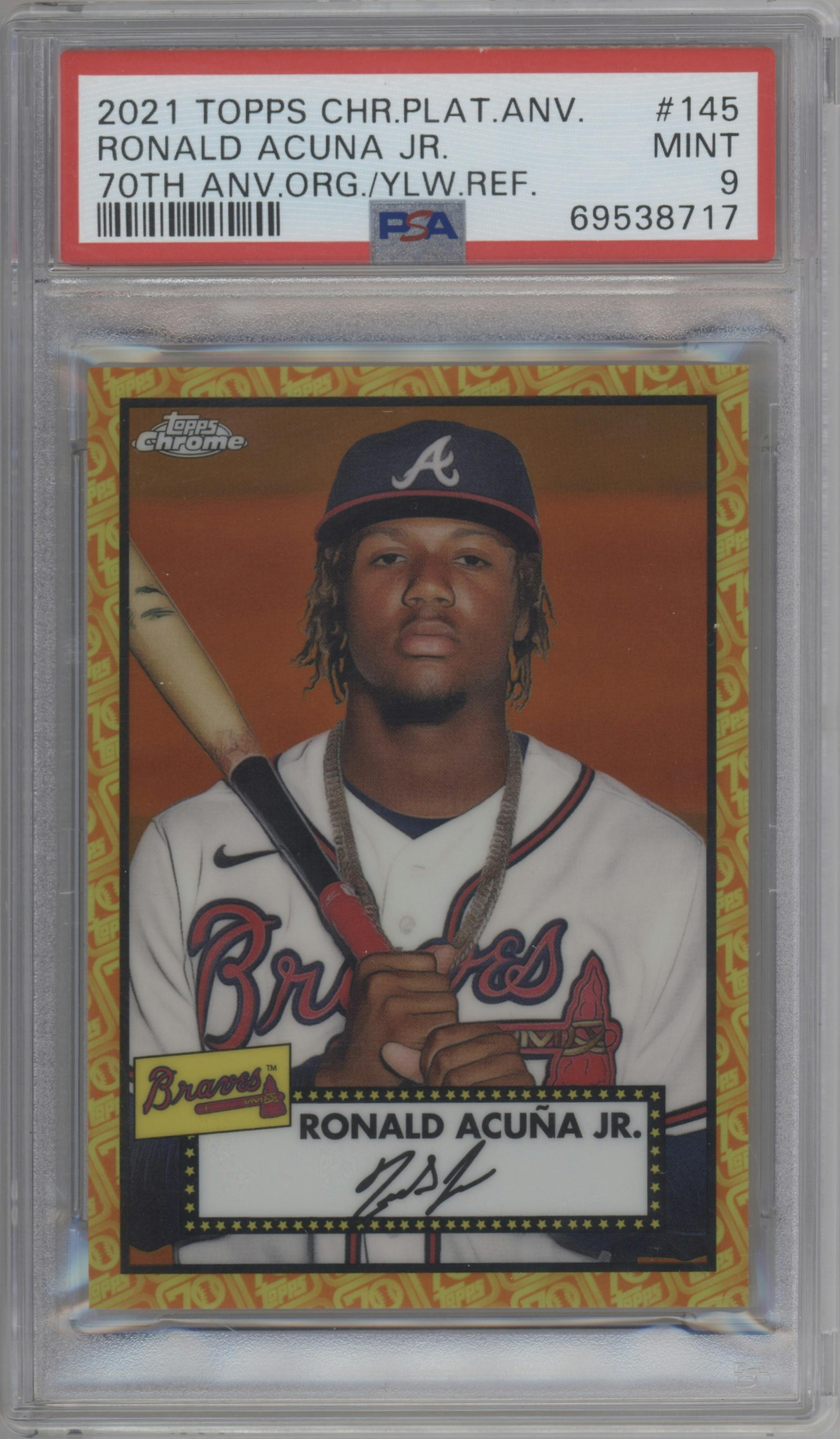 Ronald Acuna Jr. from the 2021 Topps Chrome Platinum Anniversary set featuring a Orange/Yellow 70th Refractor parallel graded by PSA and given an overall grade of 9.