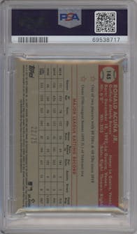 Ronald Acuna Jr. from the 2021 Topps Chrome Platinum Anniversary set featuring a Orange/Yellow 70th Refractor parallel graded by PSA and given an overall grade of 9.