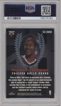 Michael Jordan from the 1997-98 Topps Chrome set graded by PSA and given an overall grade of 9.