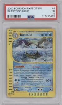 Blastoise from the 2002 Pokemon E-CARD set graded by PSA and given an overall grade of 5.
