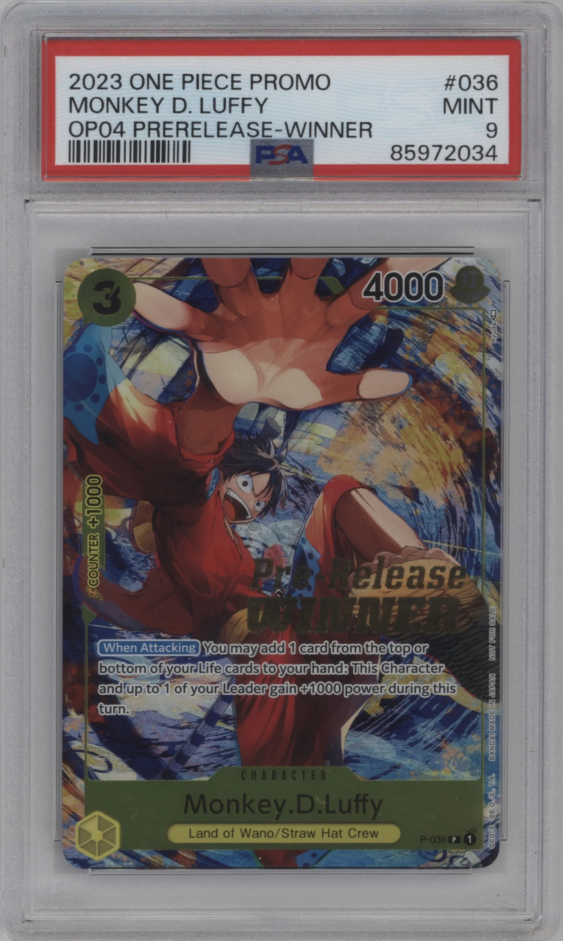 2023 One Piece Kingdoms of Intrigue Monkey.D.Luffy Pre-Release Winner P #P-036 P  PSA 9