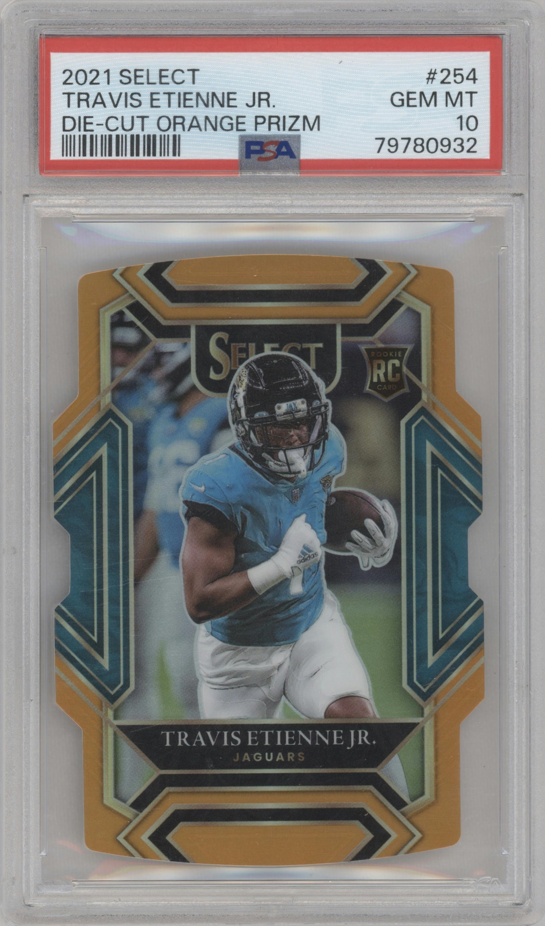 Travis Etienne Jr. from the 2021 Panini Select set featuring a Die-Cut  Orange parallel graded by PSA and given an overall grade of 10.