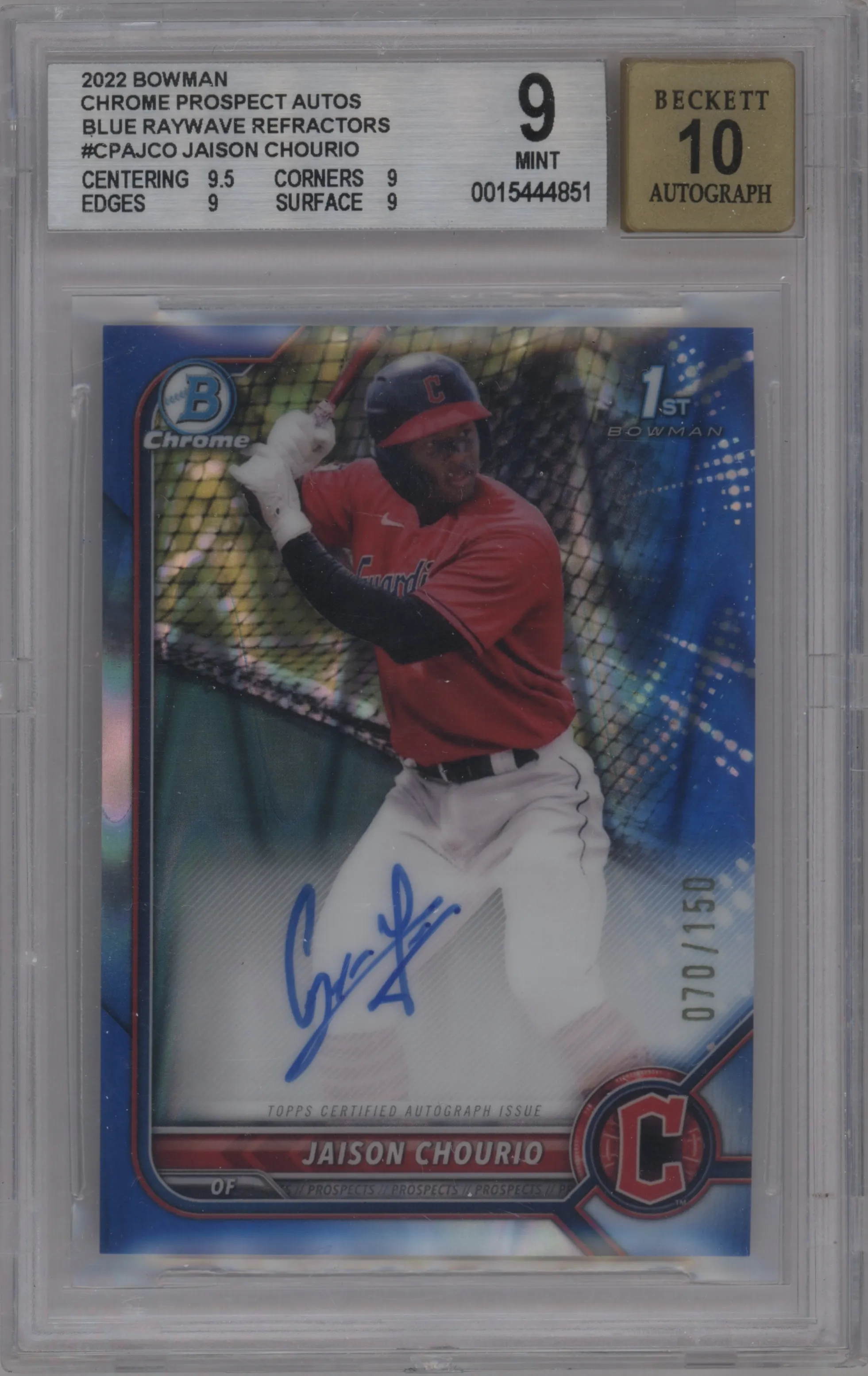 2022 Bowman Chrome Pros.Auto Jaison Chourio Blue RayWave Refractor BGS 9