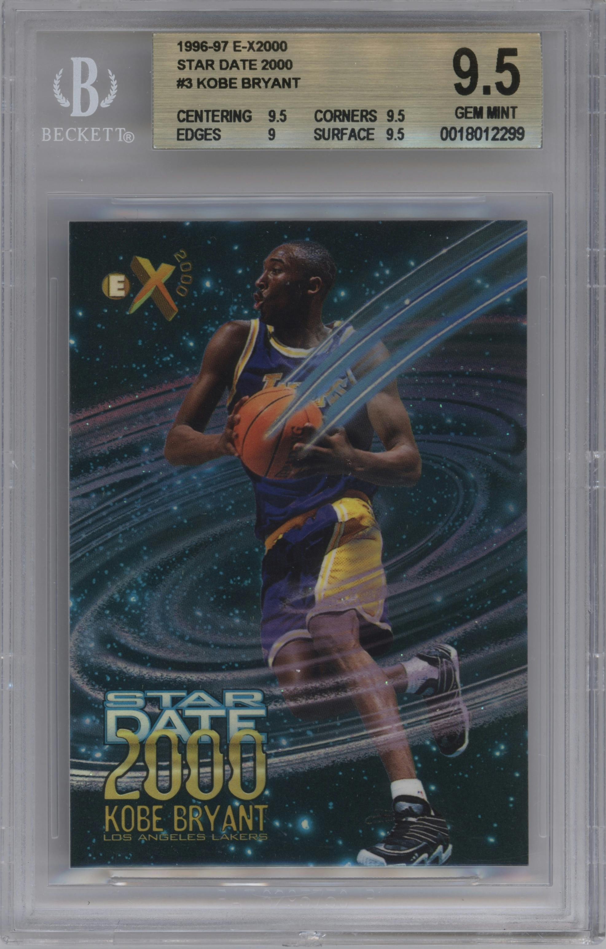 Kobe Bryant from the 1996-97 Skybox E-X2000 set graded by Beckett and given an overall grade of 9.5.