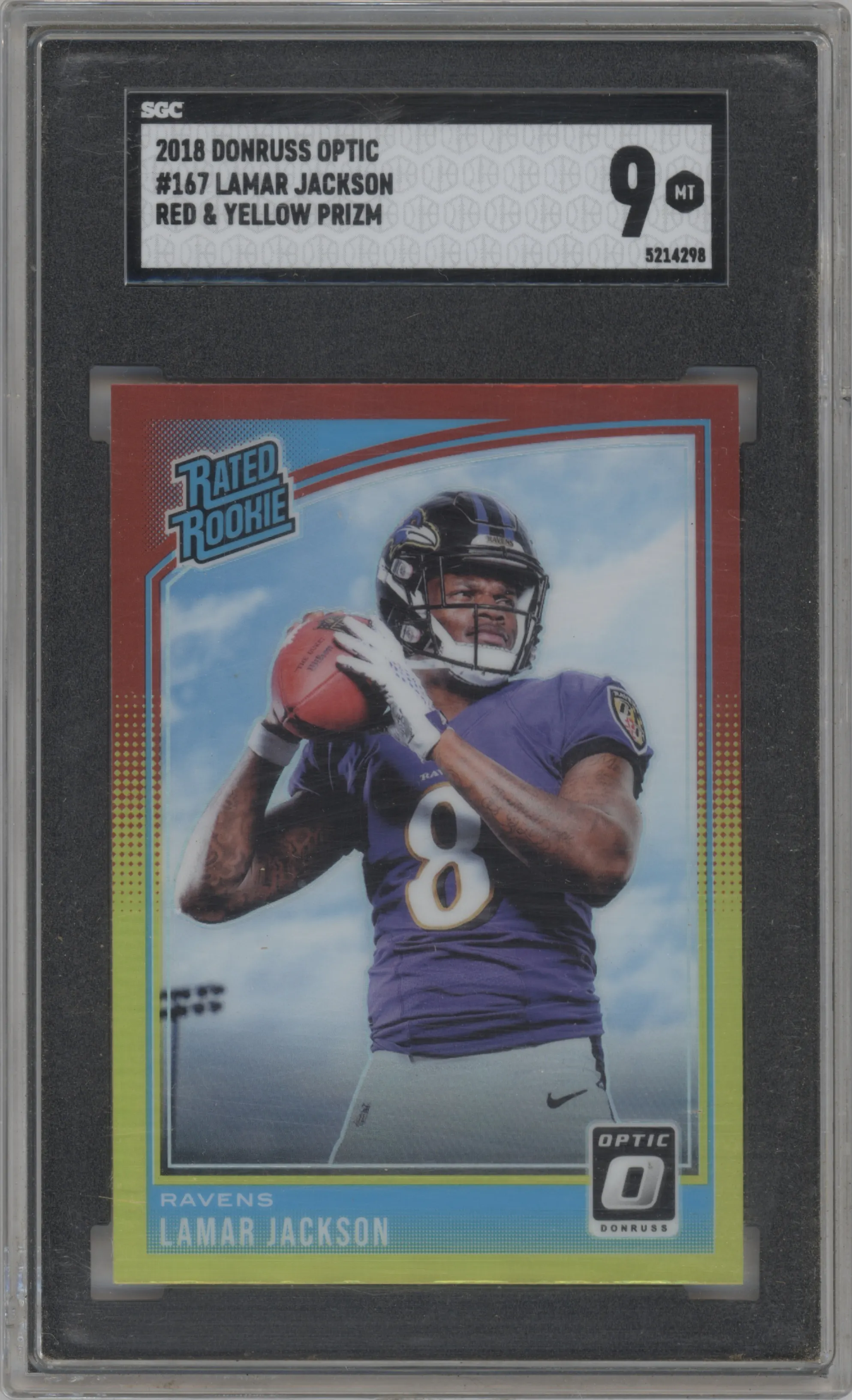 2018 Panini Donruss Optic Rated Rookie Lamar Jackson Red/Yellow SGC 9