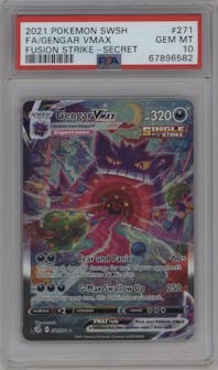 Gengar VMAX from the 2021 Pokemon SWSH set graded by PSA and given an overall grade of 10.