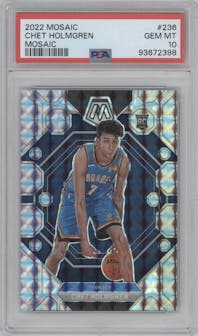 Chet Holmgren from the 2022-23 Panini Mosaic set featuring a Mosaic parallel graded by PSA and given an overall grade of 10.
