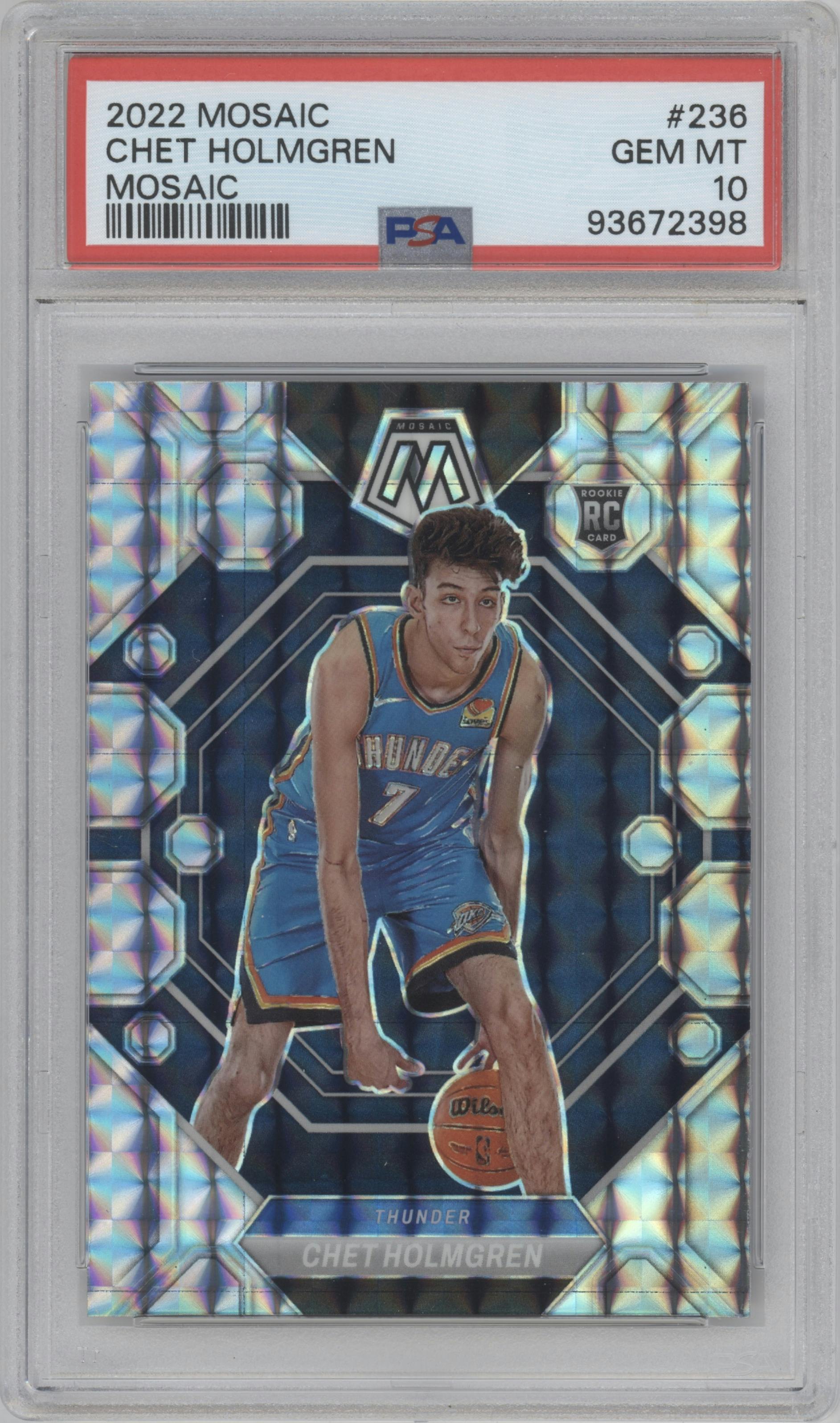 Chet Holmgren from the 2022-23 Panini Mosaic set featuring a Mosaic parallel graded by PSA and given an overall grade of 10.