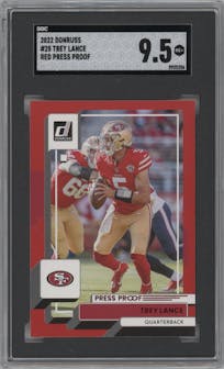 Trey Lance from the 2022 Panini Donruss set featuring a Press Proof Red parallel graded by SGC and given an overall grade of 9.5.