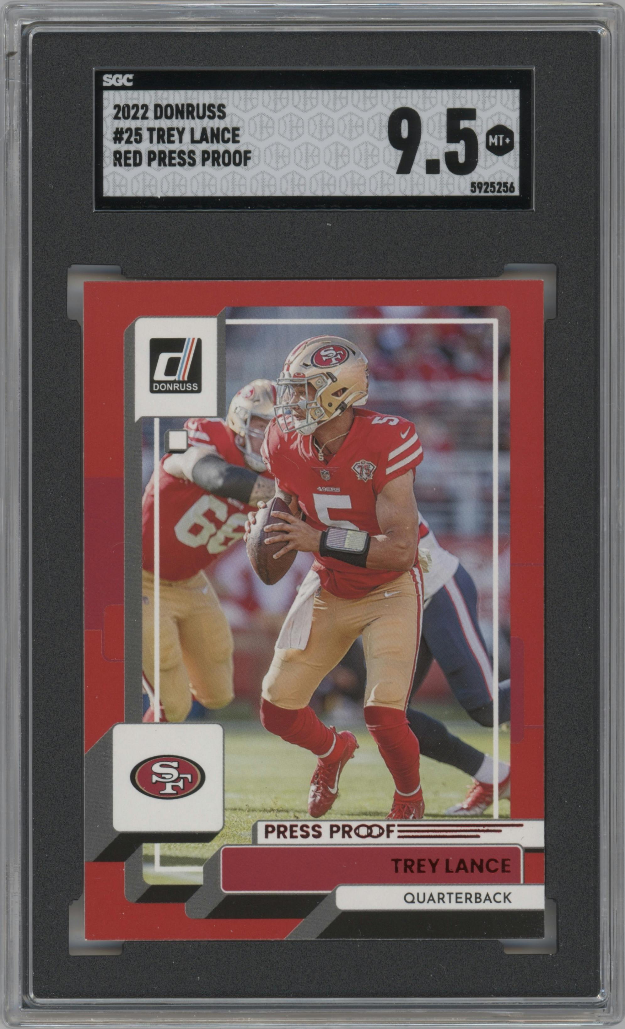 Trey Lance from the 2022 Panini Donruss set featuring a Press Proof Red parallel graded by SGC and given an overall grade of 9.5.