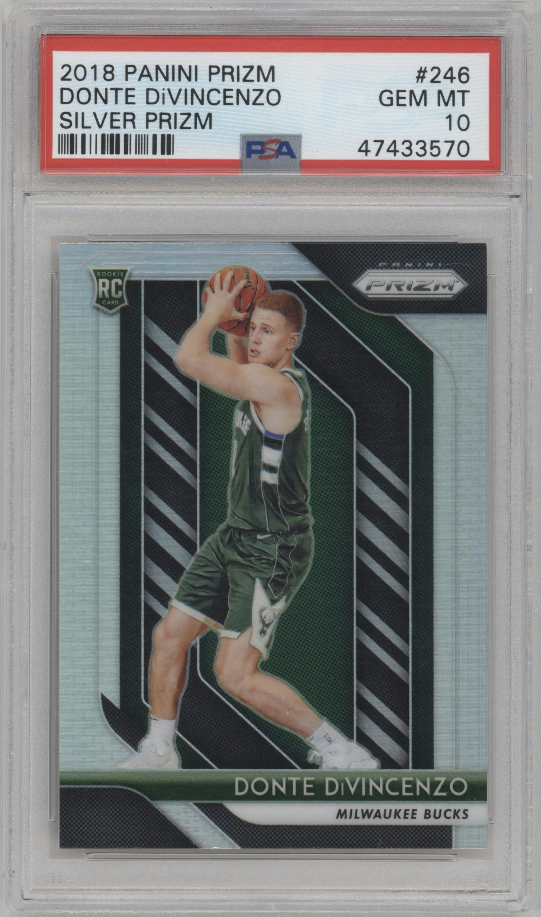 Donte DiVincenzo from the 2018-19 Panini Prizm set featuring a Silver Prizm parallel graded by PSA and given an overall grade of 10.