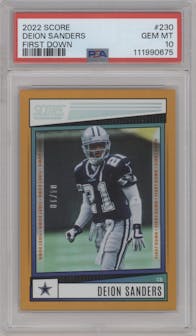 Deion Sanders from the 2022 Panini Score set featuring a First Down parallel graded by PSA and given an overall grade of 10.