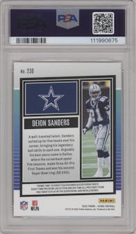 Deion Sanders from the 2022 Panini Score set featuring a First Down parallel graded by PSA and given an overall grade of 10.