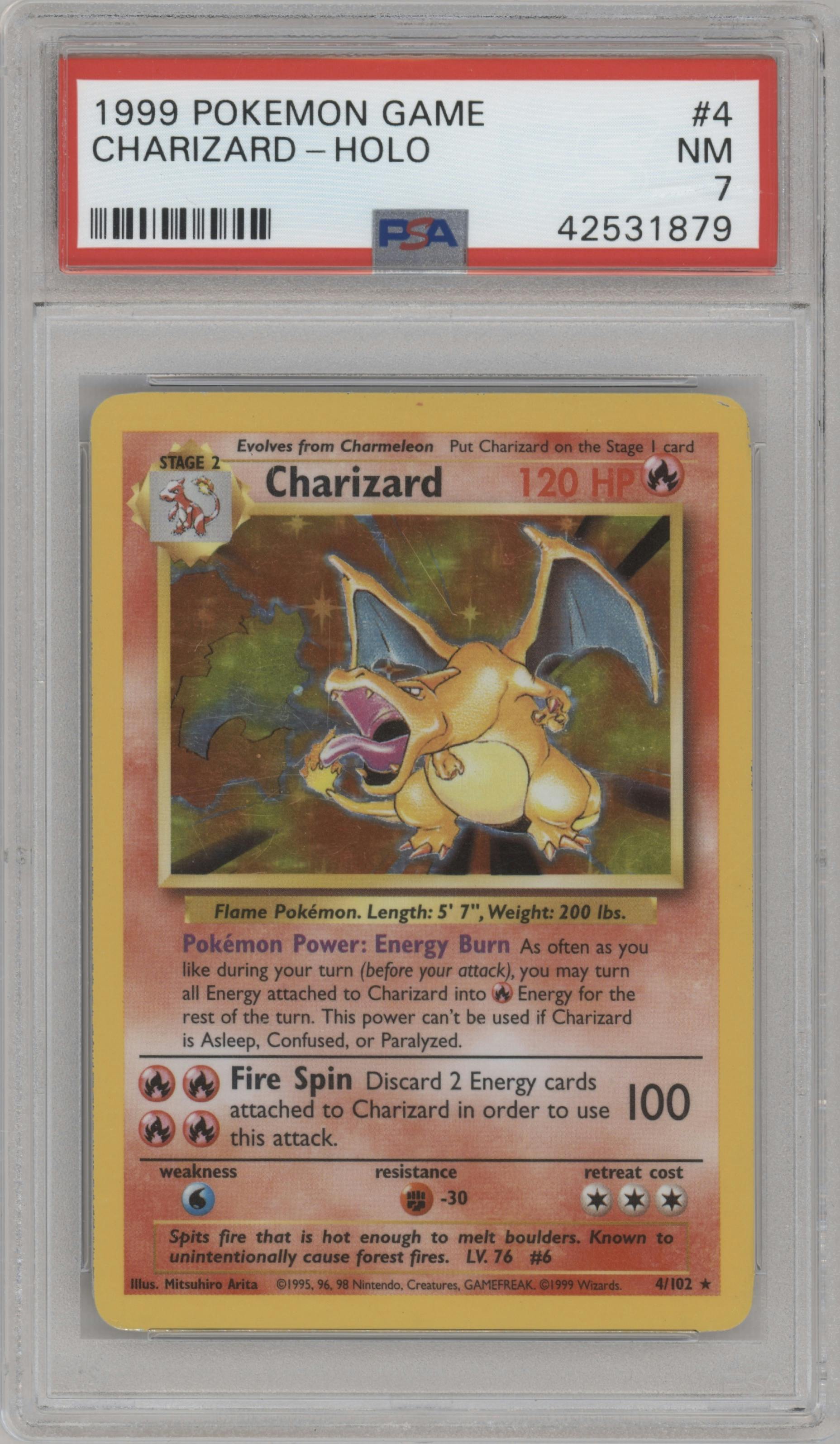 Charizard from the 1999 Pokemon set graded by PSA and given an overall grade of 7.