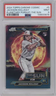 Jackson Holliday from the 2024 Topps Cosmic Chrome set graded by PSA and given an overall grade of 9.
