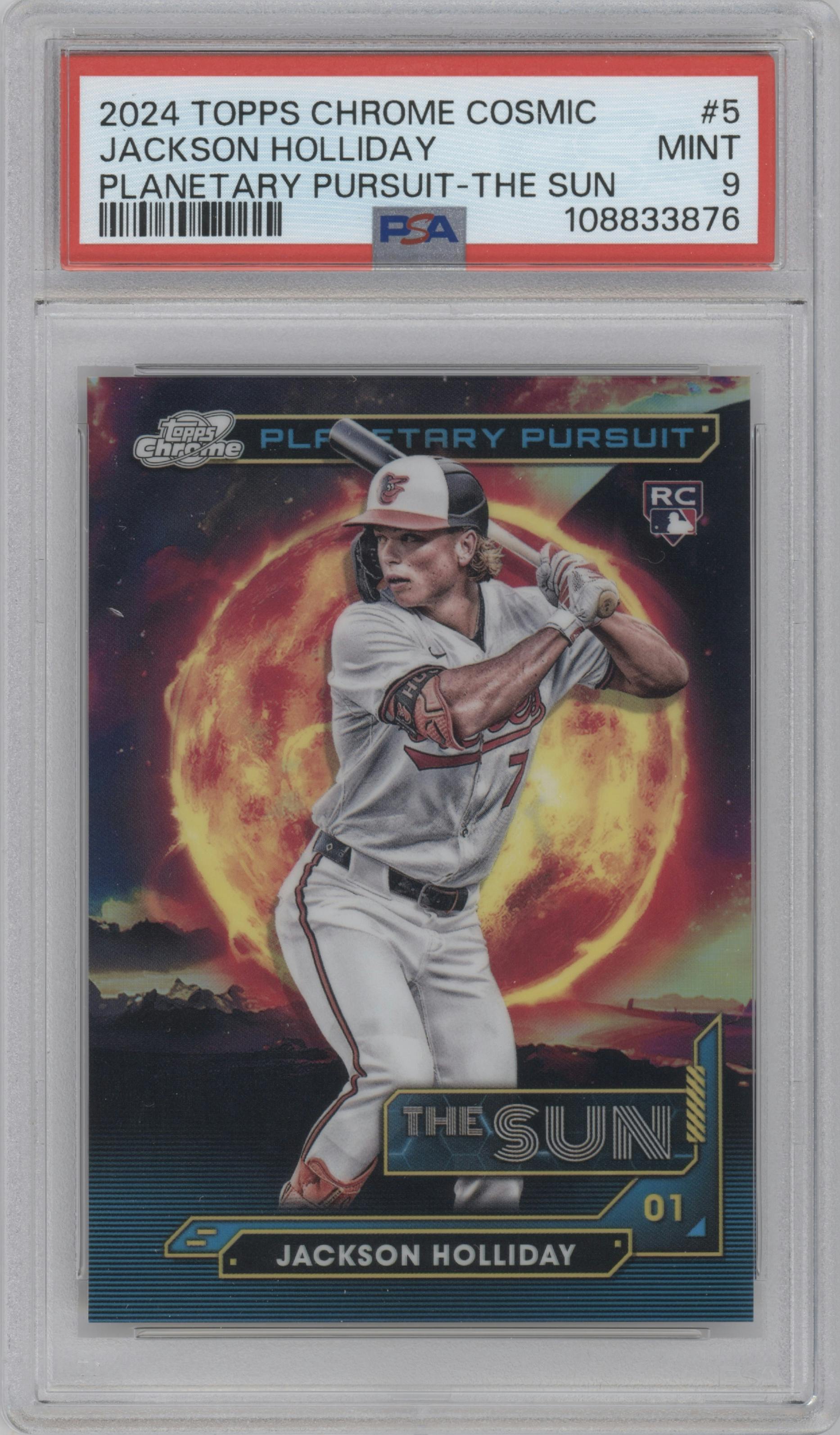 Jackson Holliday from the 2024 Topps Cosmic Chrome set graded by PSA and given an overall grade of 9.