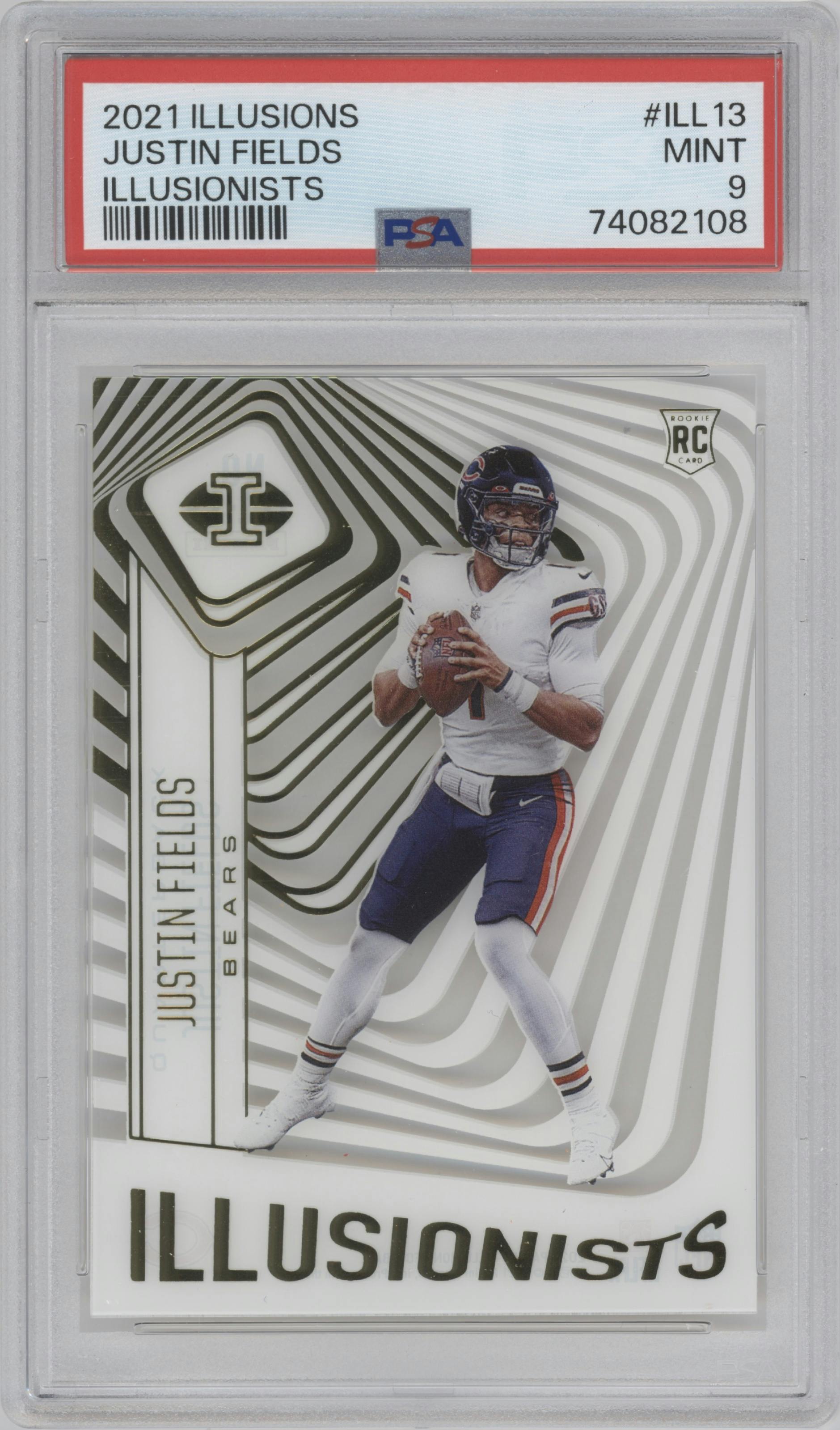 Justin Fields from the 2021 Panini Illusions set graded by PSA and given an overall grade of 9.