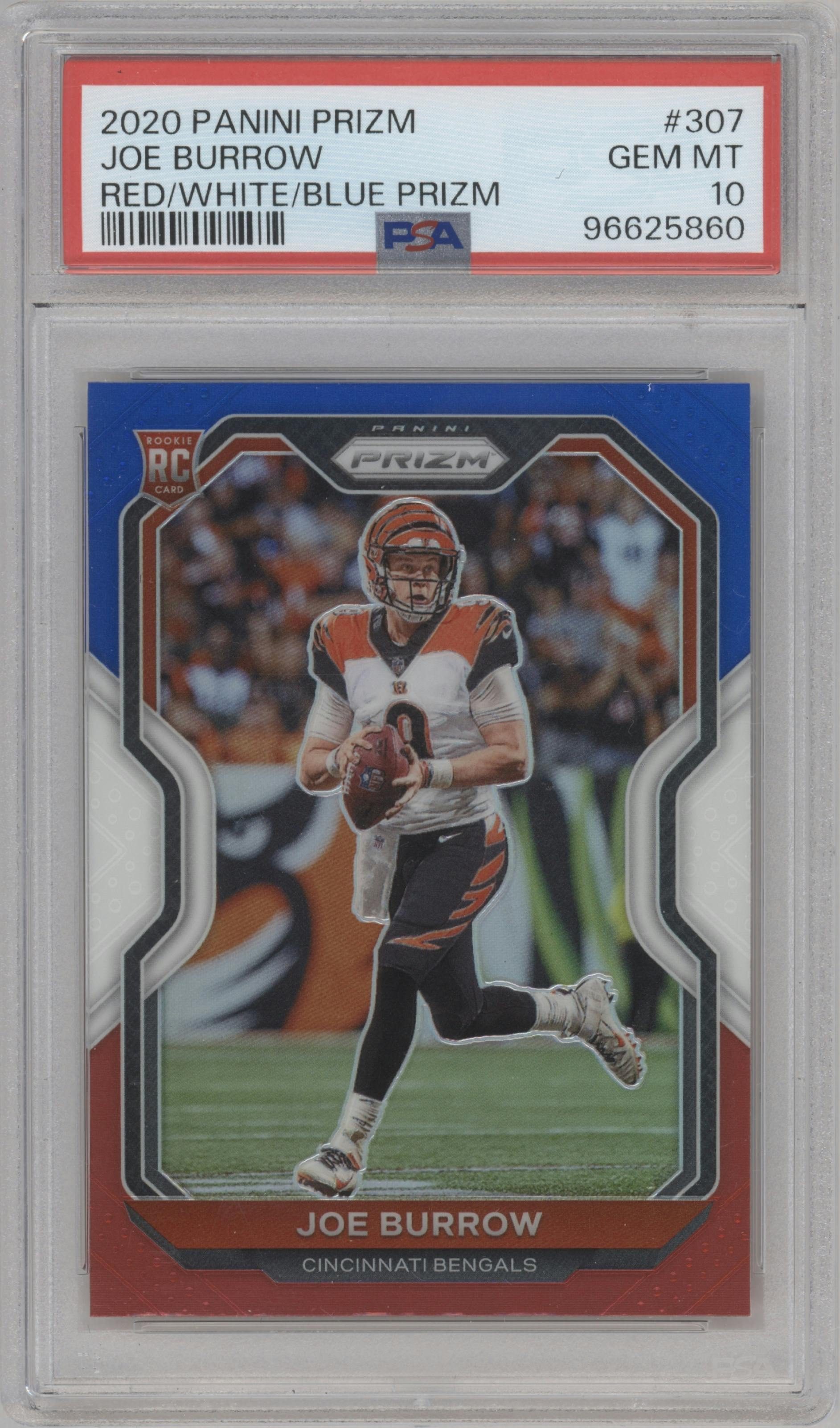Joe Burrow from the 2020 Panini Prizm set featuring a Red/White/Blue Prizm parallel graded by PSA and given an overall grade of 10.
