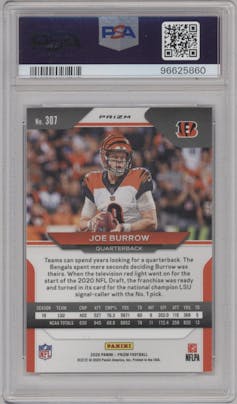 Joe Burrow from the 2020 Panini Prizm set featuring a Red/White/Blue Prizm parallel graded by PSA and given an overall grade of 10.
