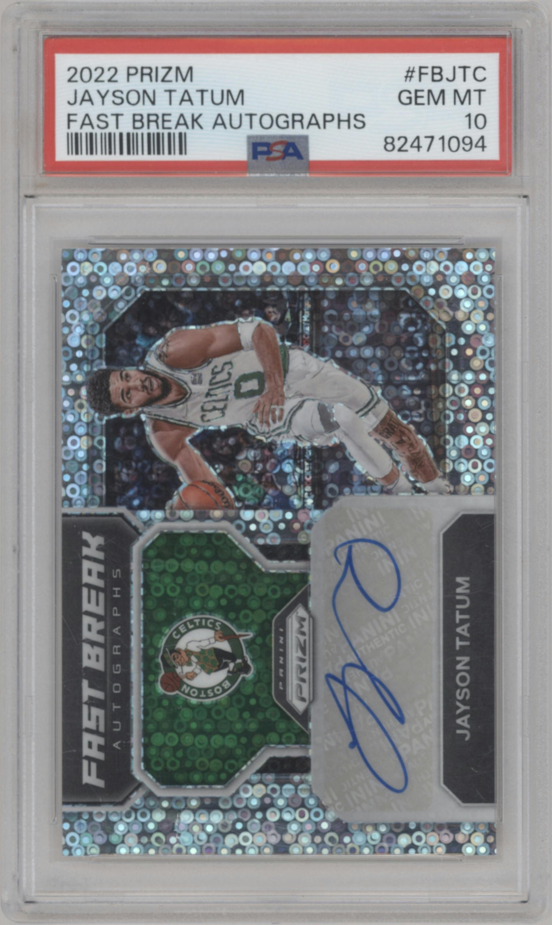 Jayson Tatum from the 2022-23 Panini Prizm  set graded by PSA and given an overall grade of 10.