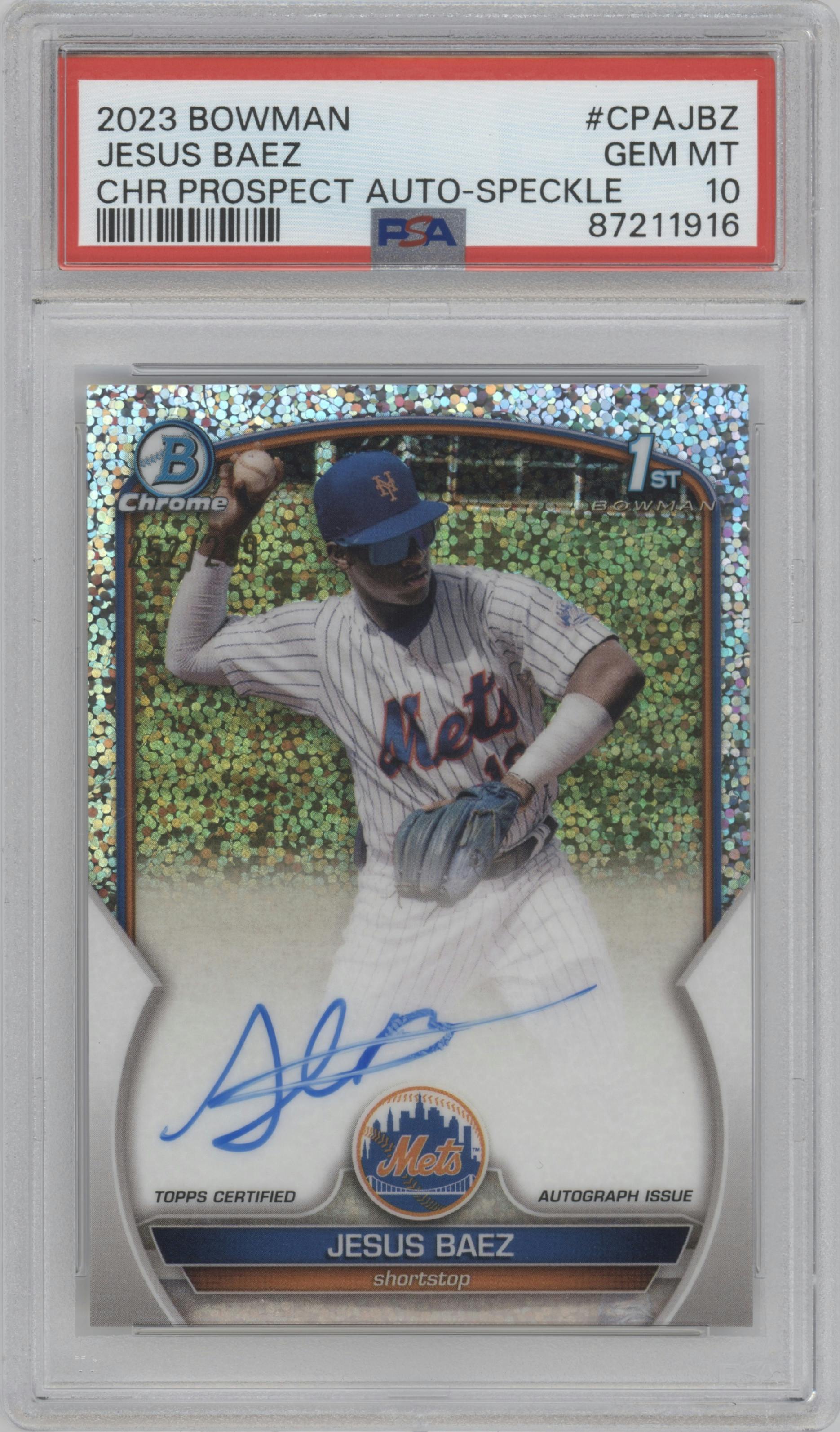 Jesus Baez from the 2023 Bowman  set featuring a Speckle Refractor parallel graded by PSA and given an overall grade of 10.