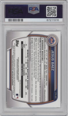 Jesus Baez from the 2023 Bowman  set featuring a Speckle Refractor parallel graded by PSA and given an overall grade of 10.