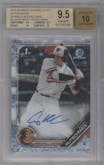Adley Rutschman from the 2019 Bowman Draft set featuring a Sparkles Refractor parallel graded by Beckett and given an overall grade of 9.5.