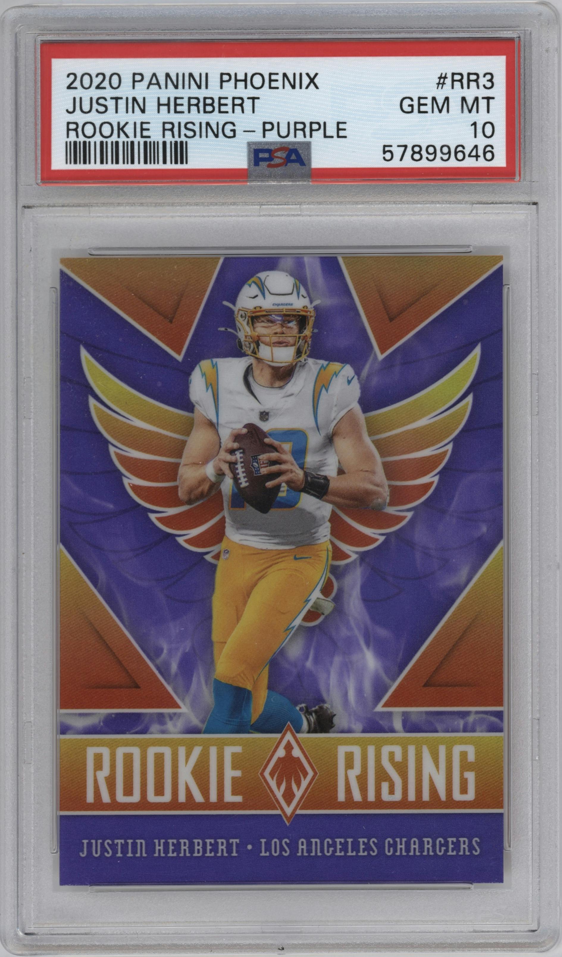 Justin Herbert from the 2020 Panini Phoenix set featuring a Purple parallel graded by PSA and given an overall grade of 10.
