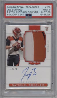 Joe Burrow from the 2020 Panini National Treasures set featuring a Silver Holo  parallel graded by PSA and given an overall grade of 9.