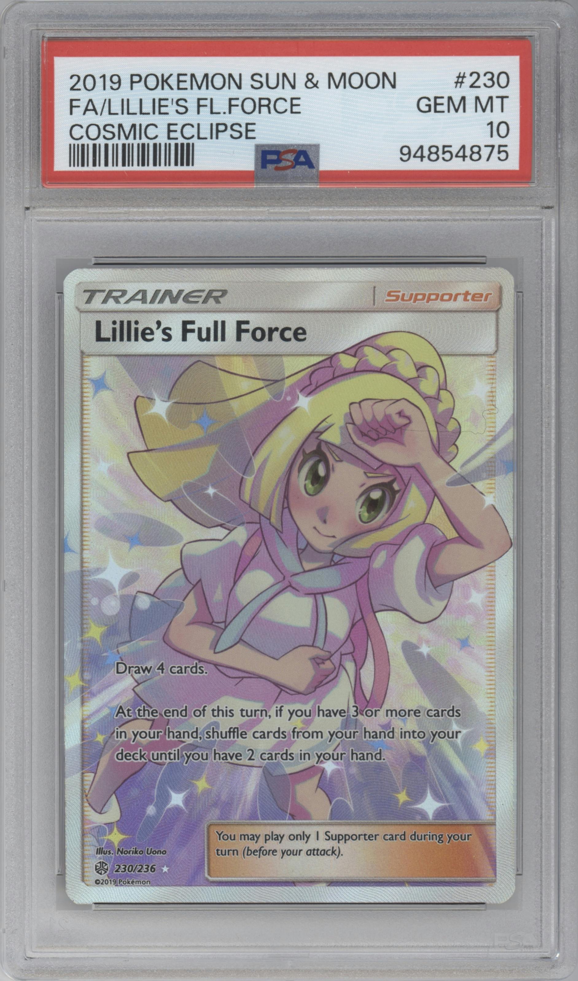 Lillie's Full Force from the 2019 Pokemon S&M  set graded by PSA and given an overall grade of 10.