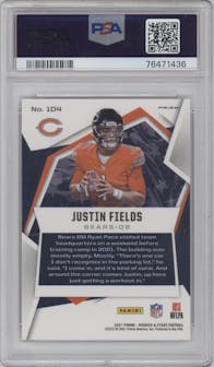 Justin Fields from the 2021 Panini Rookies & Stars set featuring a Pulsar  parallel graded by PSA and given an overall grade of 10.