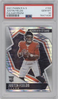 Justin Fields from the 2021 Panini Rookies & Stars set featuring a Pulsar  parallel graded by PSA and given an overall grade of 10.