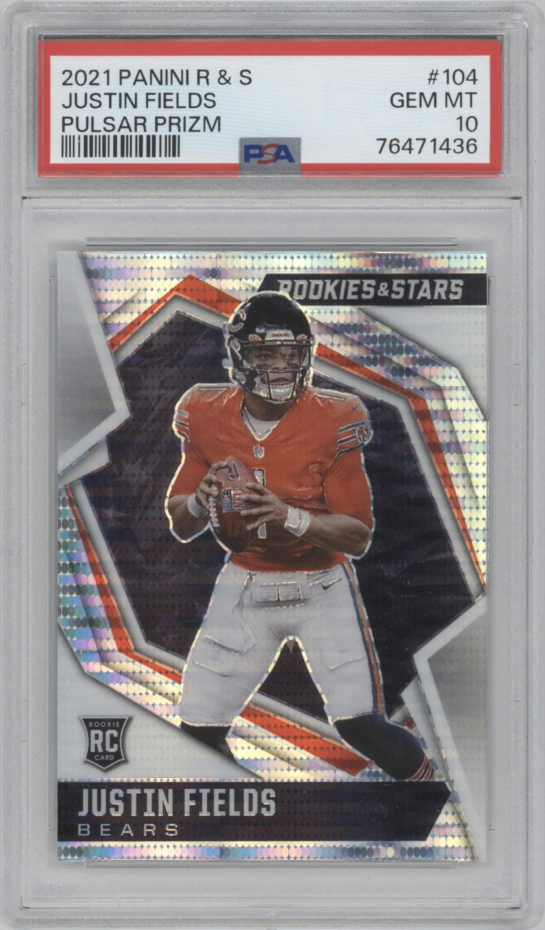 Justin Fields from the 2021 Panini Rookies & Stars set featuring a Pulsar  parallel graded by PSA and given an overall grade of 10.