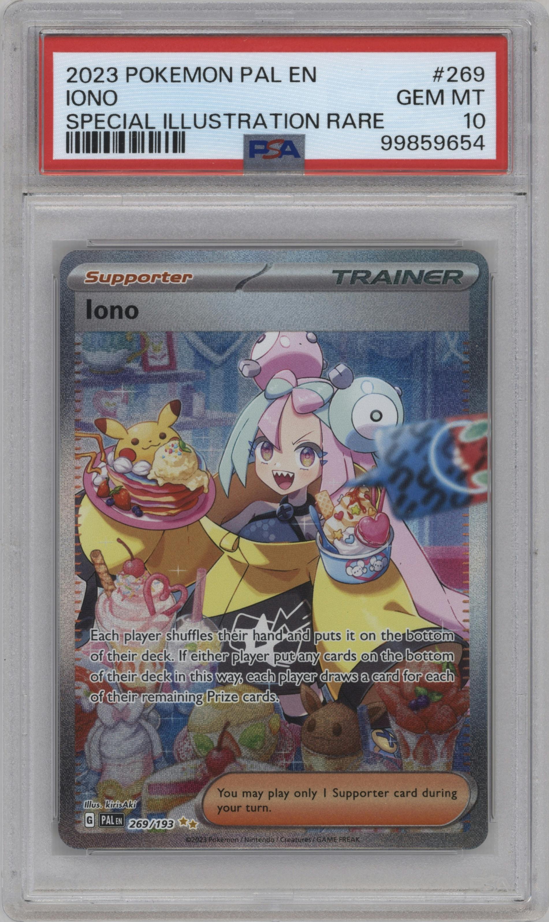 Iono from the 2023 Pokemon SV set graded by PSA and given an overall grade of 10.
