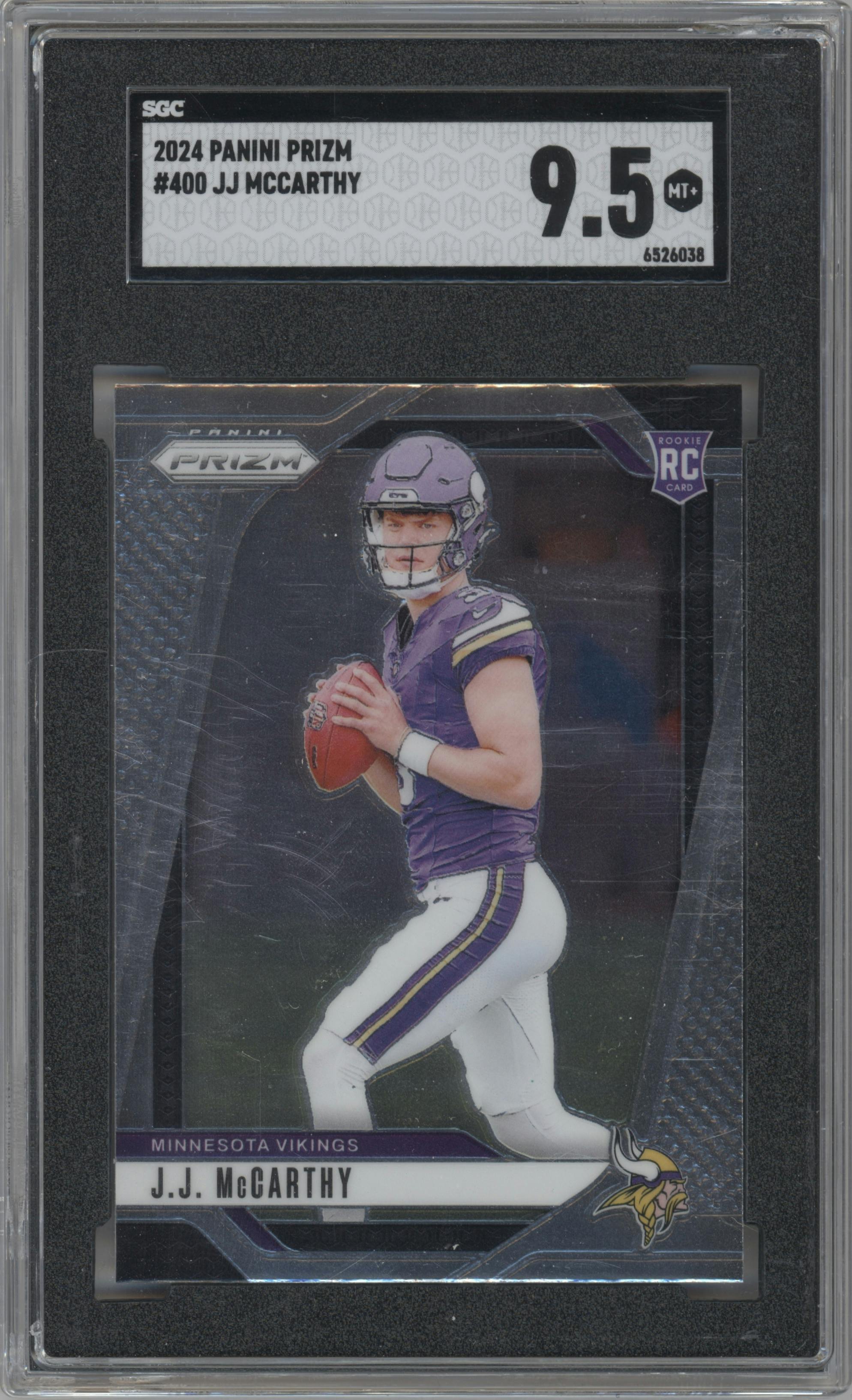 J.J. McCarthy from the 2024 Panini Prizm set graded by SGC and given an overall grade of 9.5.