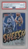Stephen Curry from the 2023-24 Panini Hoops Premium Stock set featuring a Silver Prizm parallel graded by PSA and given an overall grade of 10.