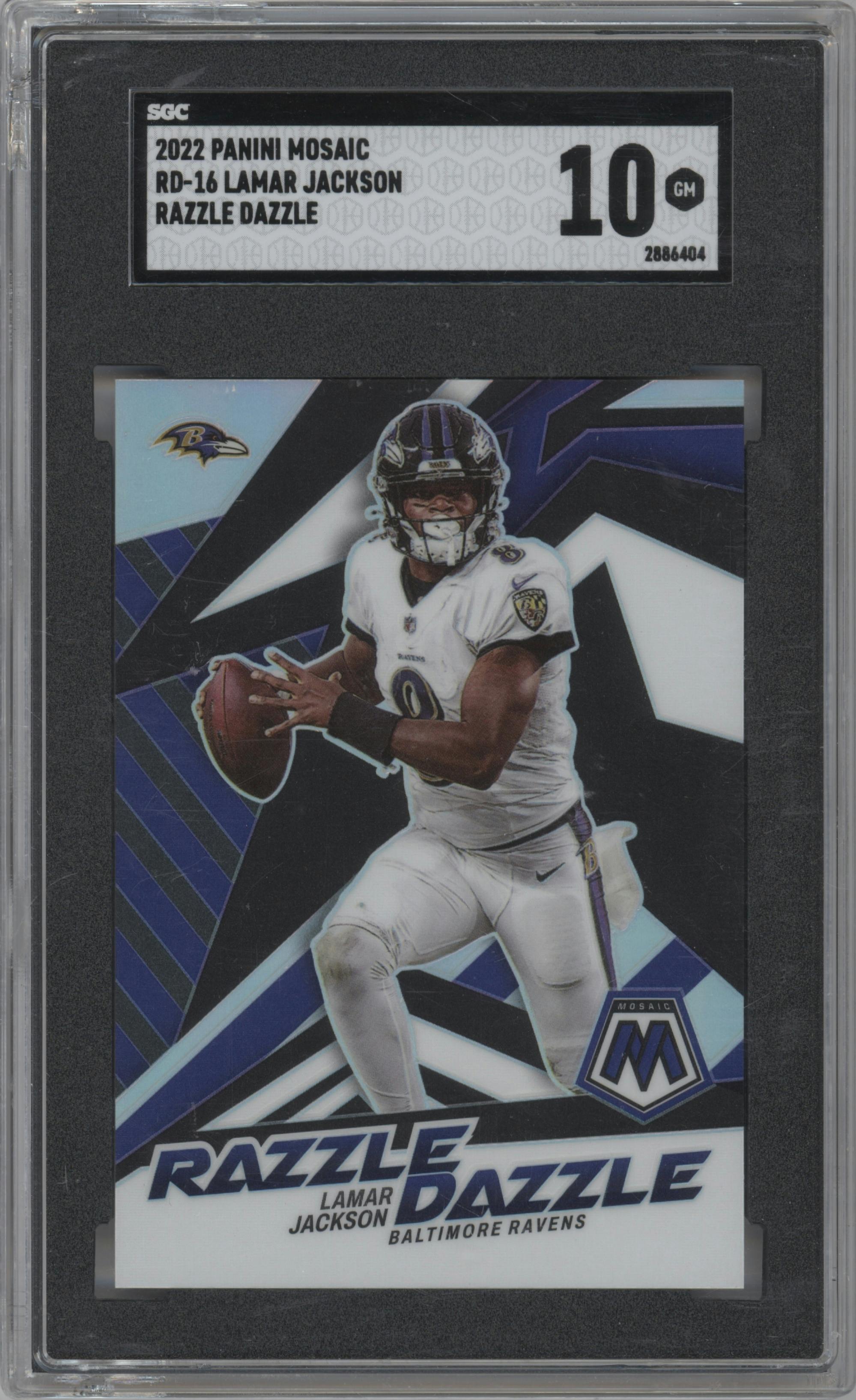 Lamar Jackson from the 2022 Panini Mosaic set graded by SGC and given an overall grade of 10.