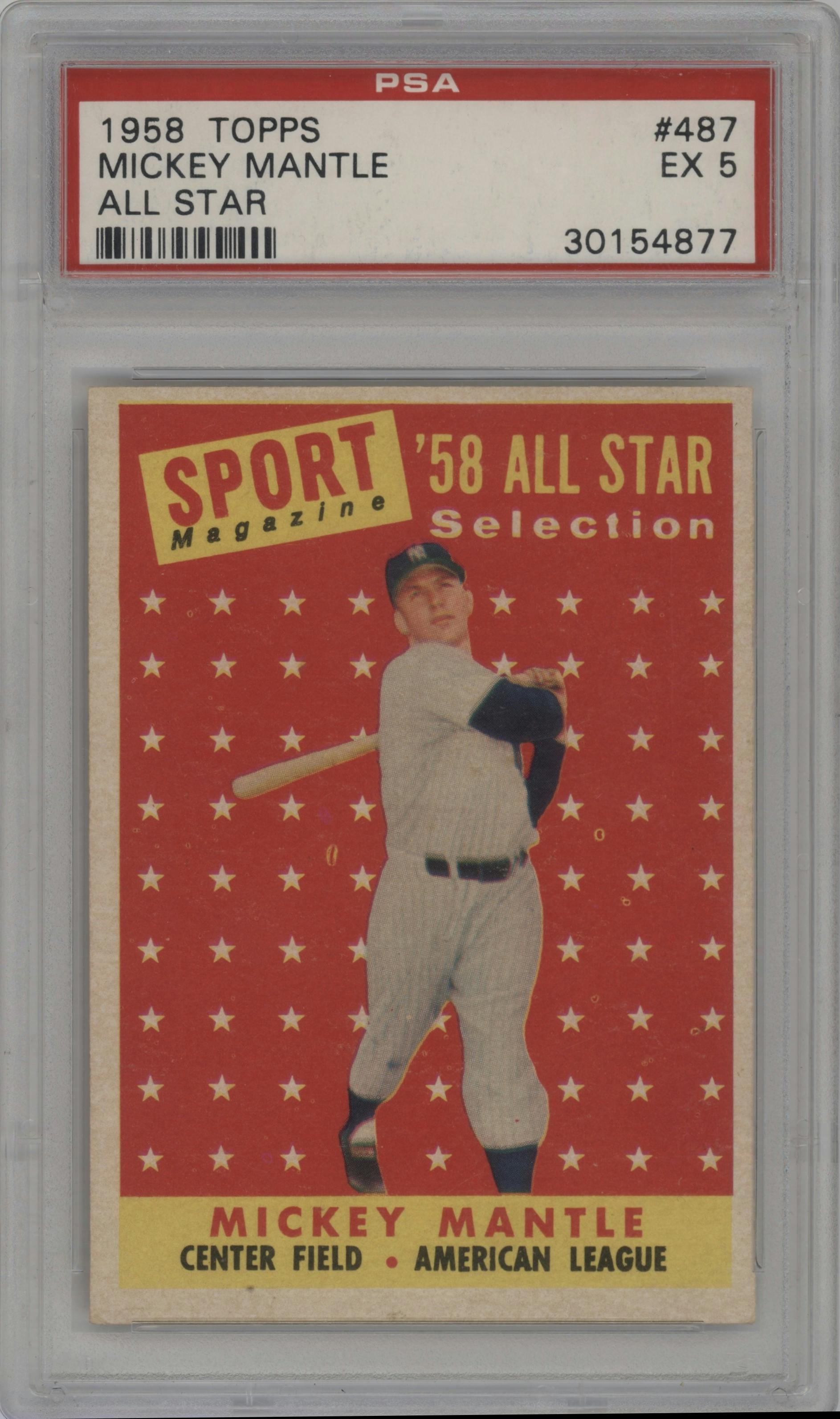 Mickey Mantle from the 1958 Topps set graded by PSA and given an overall grade of 5.